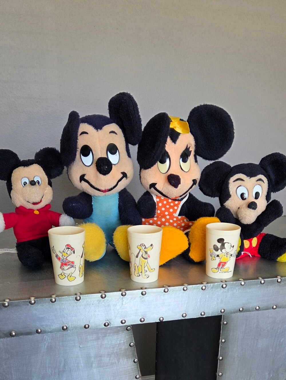 Vintage Set Of 4 Walt Disney Mickey & Minnie Plush Toys, 3 Cups, Aged Fair Cond